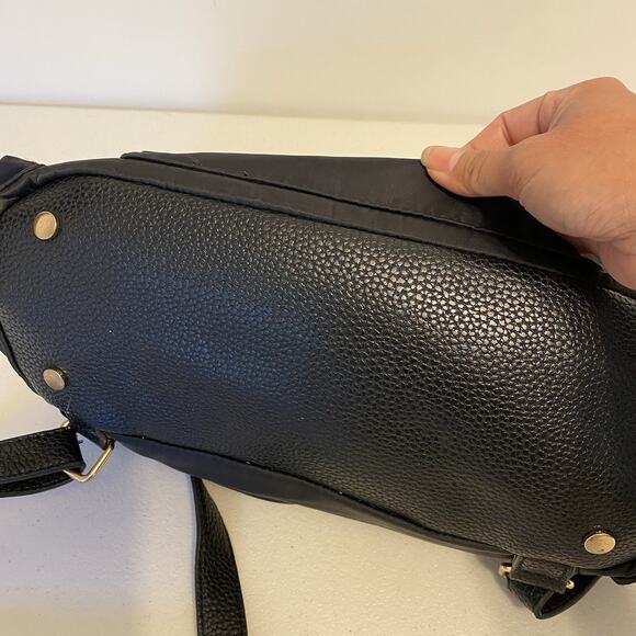 Neiman Marcus Designer Backpack Black PVC Nylon Travel Day Bag Silvertone Logo - Picture 7 of 11